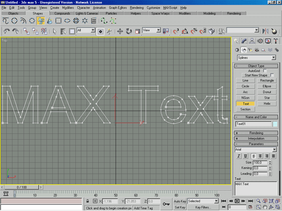 3D Studio Max: Text (Текст) - объект на основе строк текста с элементами регулирования стиля, полноты, выравнивания и других типографских атрибутов