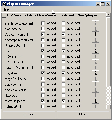 Maya: В окне диалога Plug-in Manager можно указать, какие из дополнительных модулей подключены к Maya