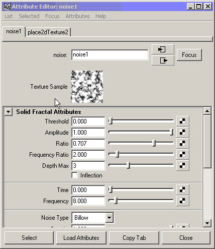 Maya: Ввод параметров текстуры Noise в окне диалога Attribute Editor
