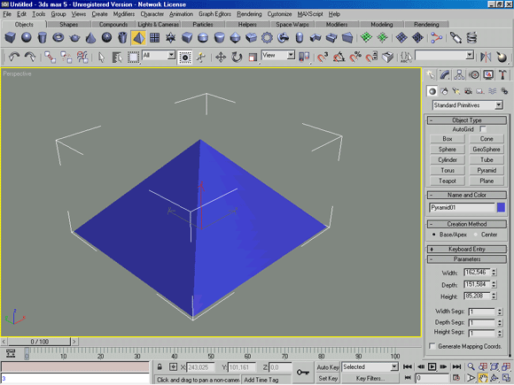 3D Studio Max: Pyramid (Пирамида) - упрощенный вариант примитива Cone (Конус), применяемый для создания четырехгранных пирамид с прямоугольным или квадратным основанием