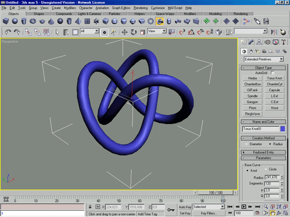 3D Studio Max: Torus Knot (Узловой Тор) - спиральный примитив, предназначенный для имитации различных узлов и закручивания.