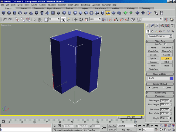 3D Studio Max: L-Ext (Выдавливание L-профиля) - примитив, позволяющий создавать объекты, близкие к реальному прокатному профилю типа уголка