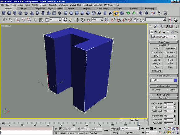3D Studio Max: C-Ext (Выдавливание С-профиля) - примитив, позволяющий создавать объекты, близкие к реальному прокатному профилю типа швеллера.