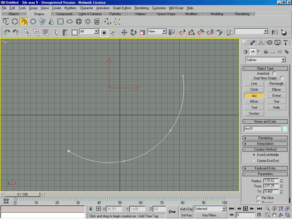 3D Studio Max: Arc (Дуга) - инструмент создания сегмента криволинейной формы, с заданием начальной и конечной вершин, а также кривизны или центра.