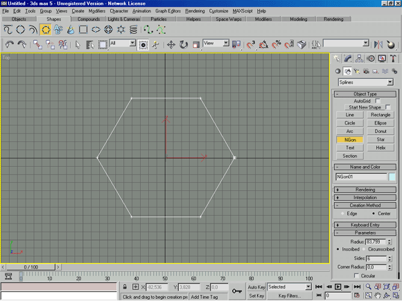 3D Studio Max: Ngon (Многоугольник) - примитив с настраиваемым числом сторон, вписанный или описанный в задаваемый радиус
