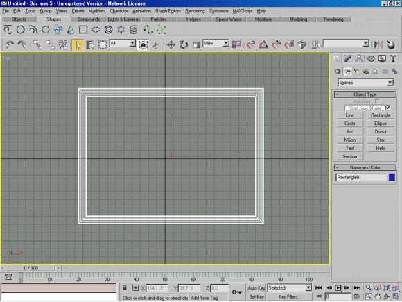 3D Studio Max: Rectangle (Прямоугольник) - часто используемый примитив для рисования прямоугольника или квадрата, с возможностью скругления углов прямыми или кривыми фасками