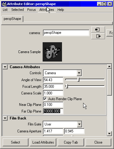 Maya: Параметры камеры в окне диалога Attribute Editor