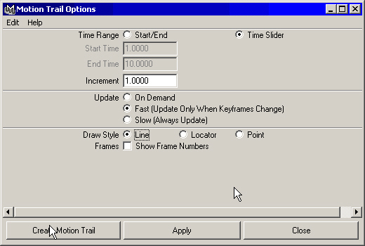 Maya: Окно диалога Motion Trail Options