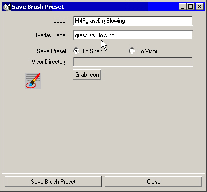 Maya: Окно диалога Save Brush Preset, с помощью которого можно добавить новый ярлык на вкладку Shelf
