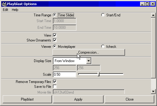 Maya: Окно диалога Playblast Options