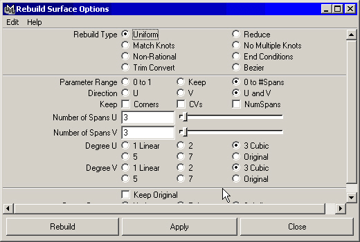 Maya: Выбор параметров инструмента Rebuild Surface