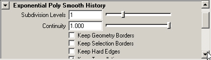 Maya: Установка необходимых параметров в разделе Poly Smooth Face History окна диалога Attribute Editor