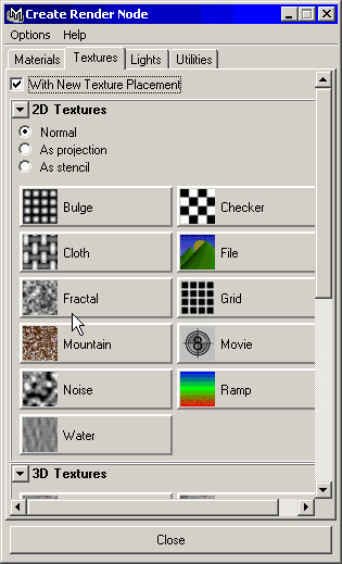 Maya: Окно диалога Create Render Node содержит все возможные типы карт текстур 