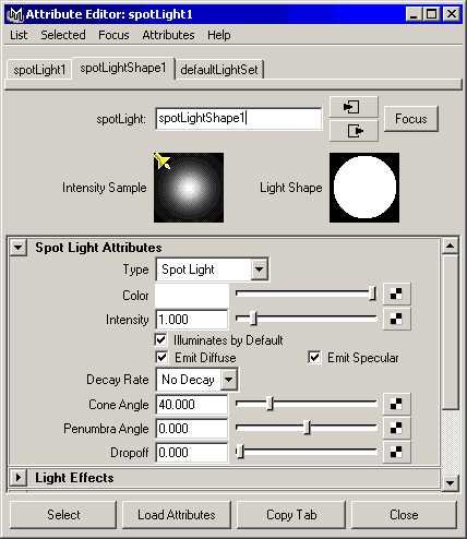 Maya: Окно диалога Attribute Editor является простейшим способом доступа к редактированию параметров источника света