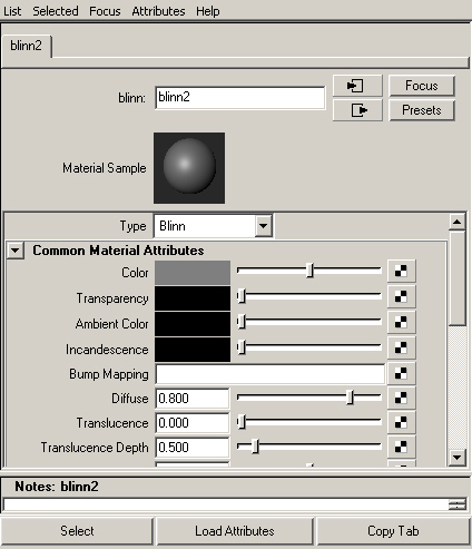 Maya: Вид параметров раскраски Blinn в окне диалога Attribute Editor;